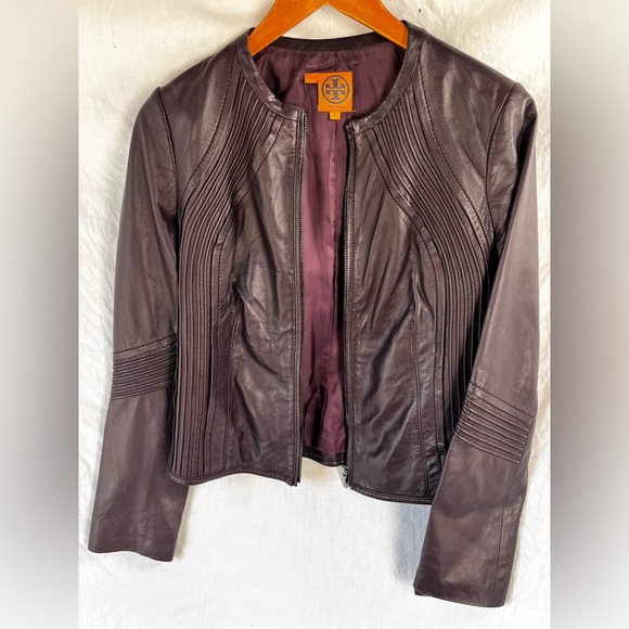 Tory Burch Leather Jacket Women Size 6 Oxblood Burgundy Zip Cropped Moto Coat - Picture 11 of 16